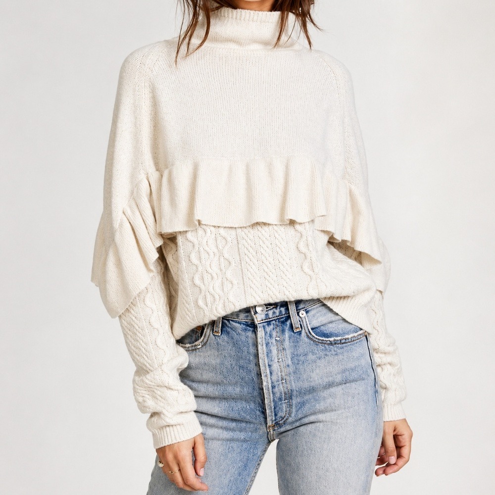 Project Naadam Volta Ivory Ruffle Cable Knit Funnel Neck Sweater SZ Large Boho